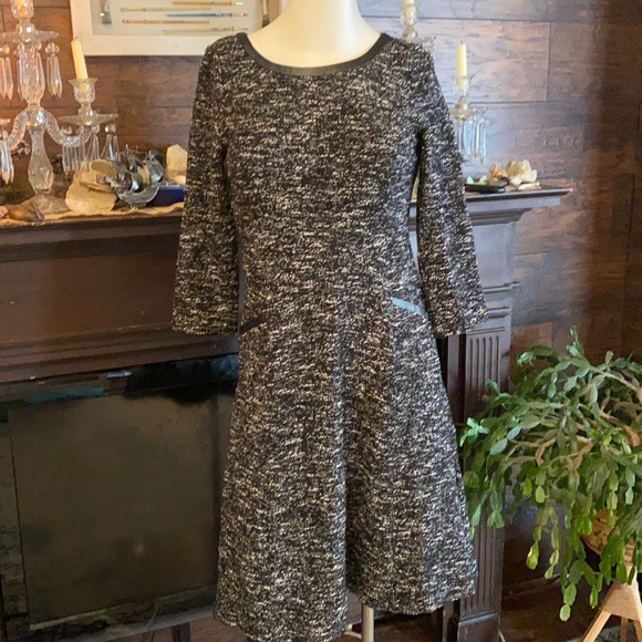 Marled Tweed A-Line Dress black with faux leather trim size 2P - Picture 2 of 14